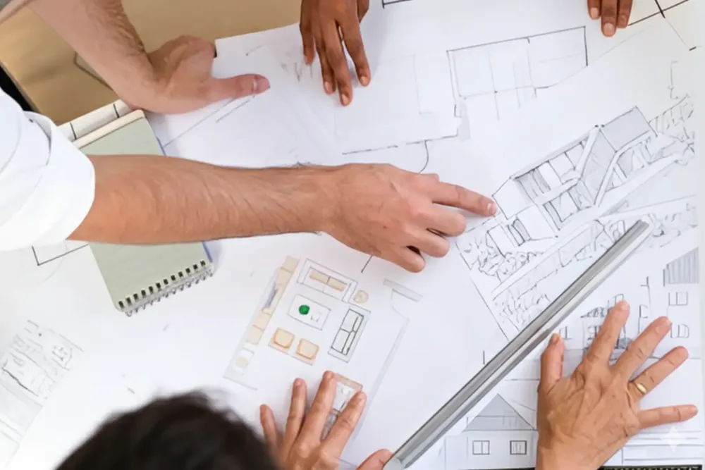 Consultants marking up a set of architectural drawings